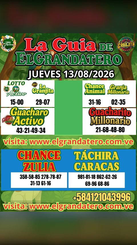 Miniatura de DATOS DE LOTERIAS Y ANIMALITOS JUEVES 13/08/2026 ELGRANDATERO JOSE EREI