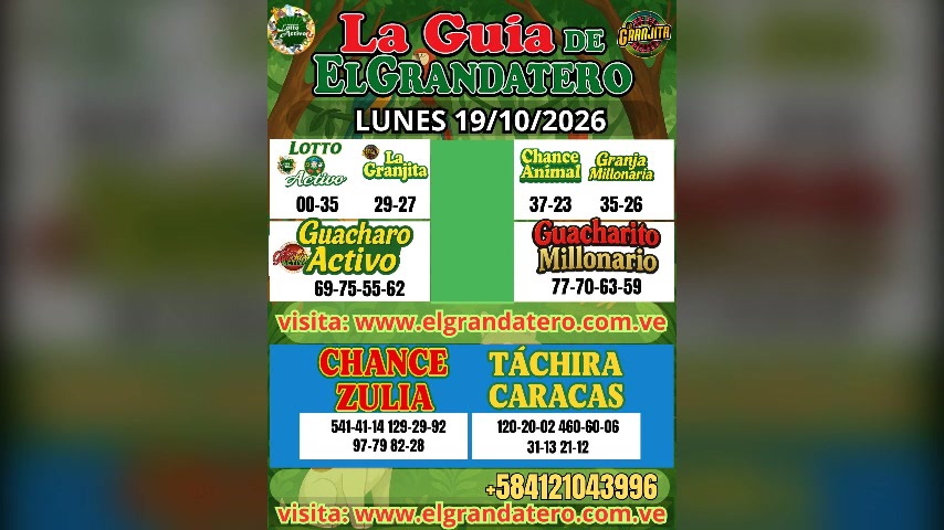 Miniatura de DATOS DE LOTERIAS Y ANIMALITOS LUNES 19/10/2026 ELGRANDATERO JOSE EREU